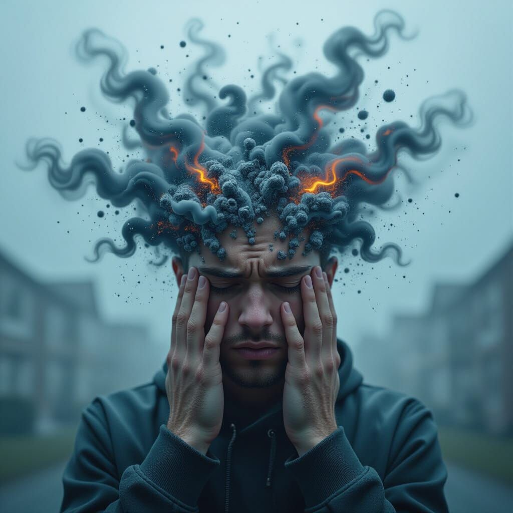 Mind Exploding with Stress in Hyperrealistic Style