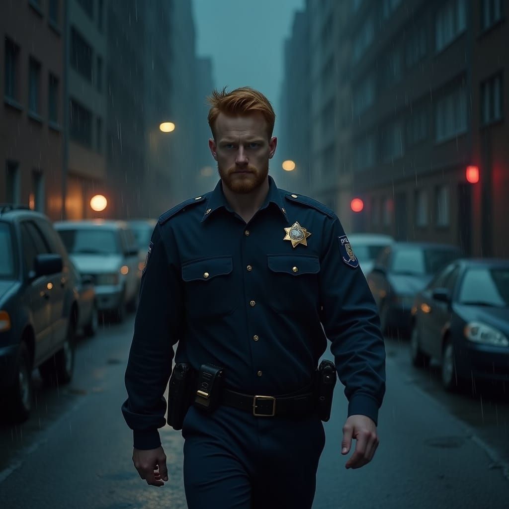 Hyper-Realistic Portrait of a Police Officer at Midnight
