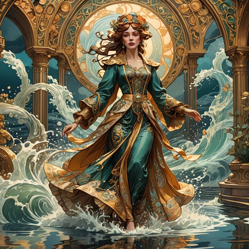 Art Nouveau Runway Illustration with Swirling Water