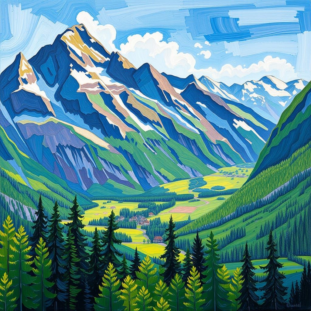 Swiss Alps Landscape in Neo-Impressionist Style