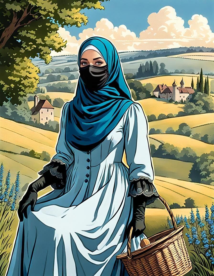 Victorian Woman in Hijab: Comic Book Illustration