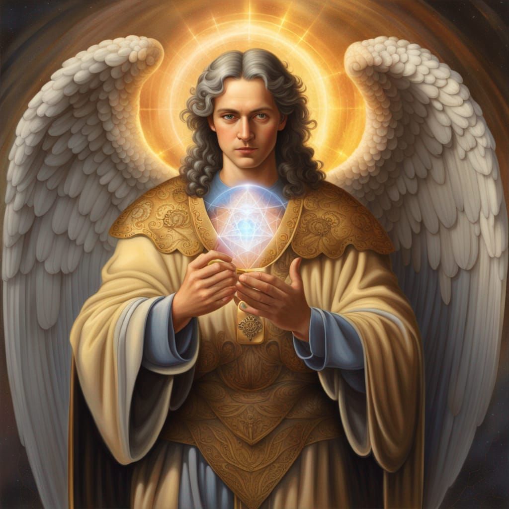 Archangel Metatron holding his cube, photo realistic