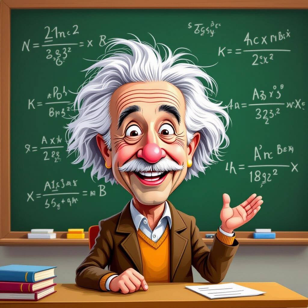 Funny Caricature of Einstein with Equations