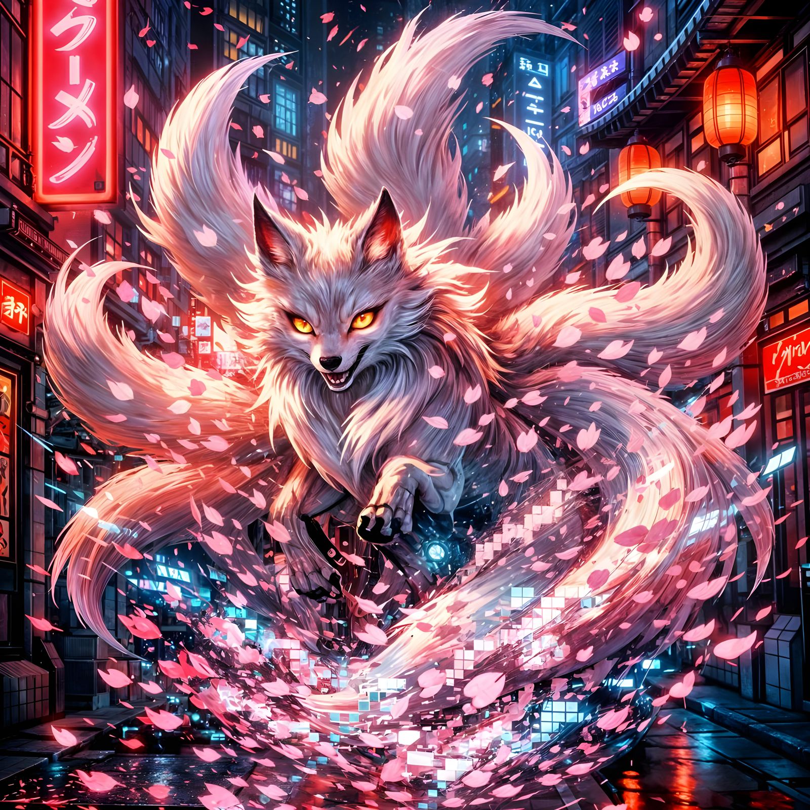 Mischievous Kitsune Emerges in Neon Cyberpunk Alley