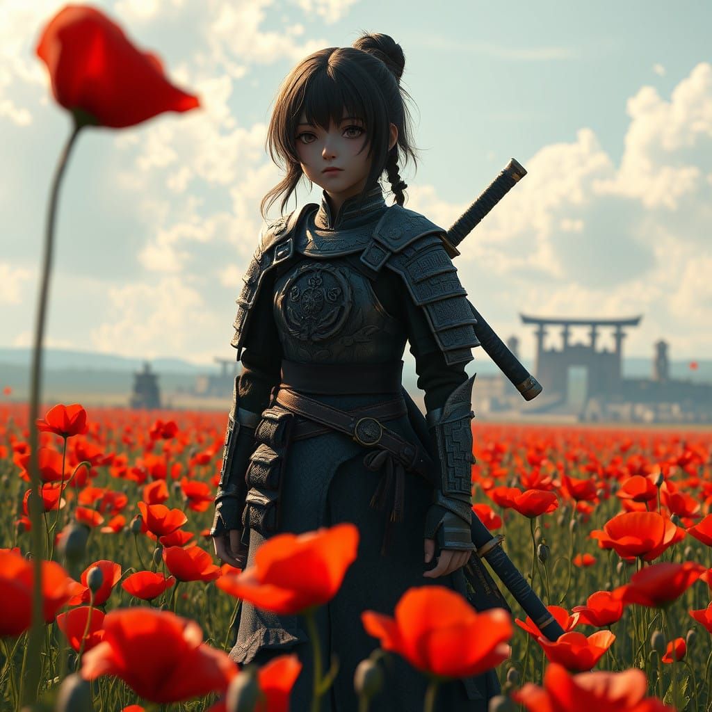 War-Weary Samurai Girl Amidst Red Poppies