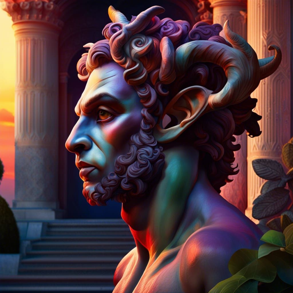 Detailed Satyr Portrait in Greek Palace Sunset