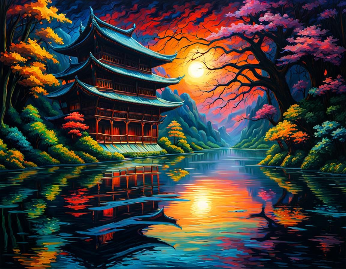 Night Riverscape Reflecting Ninja in Expressionist Style