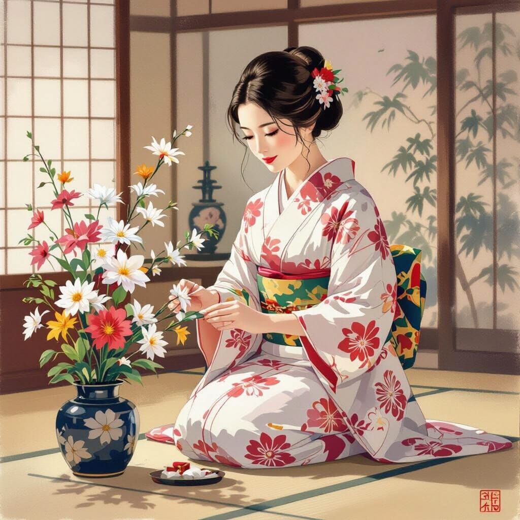 Japanese Ikebana Master Arranges Flowers in Traditional Sett...