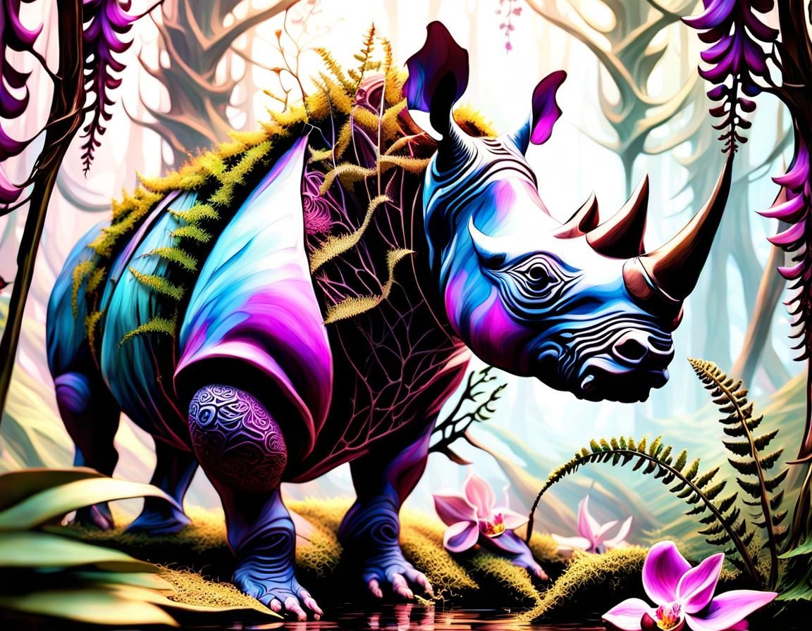Abstract Realism: Newborn Rhino in Orchid Forest