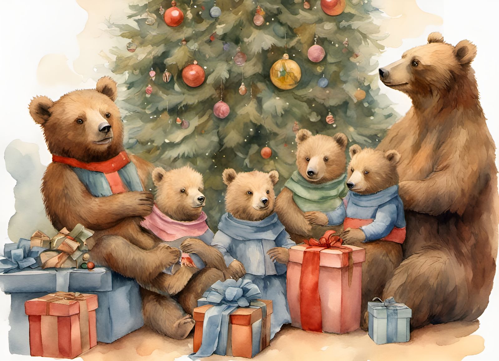 Bear Family Christmas in Watercolor, Beatrix Potter Style