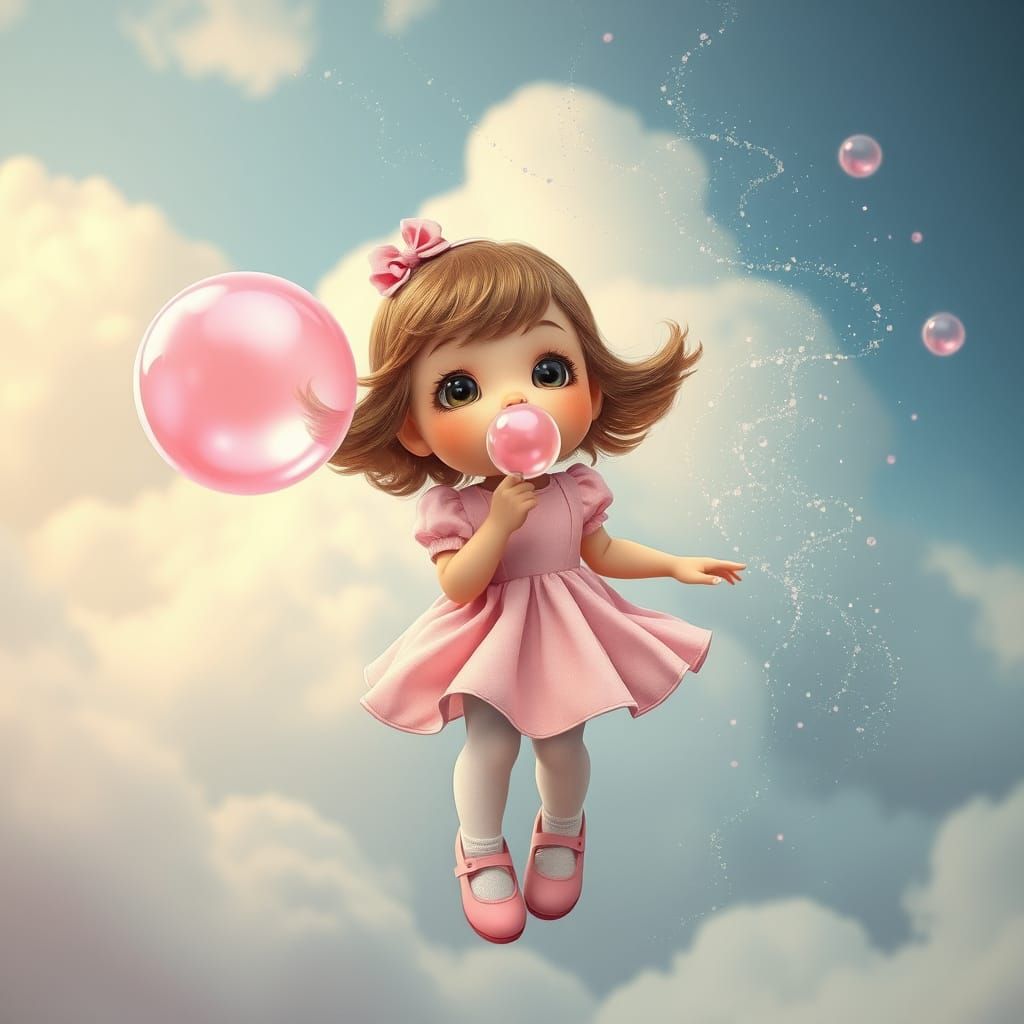 Whimsical Girl Blows Pastel Pink Bubble Gum Bubble in Dreamy...