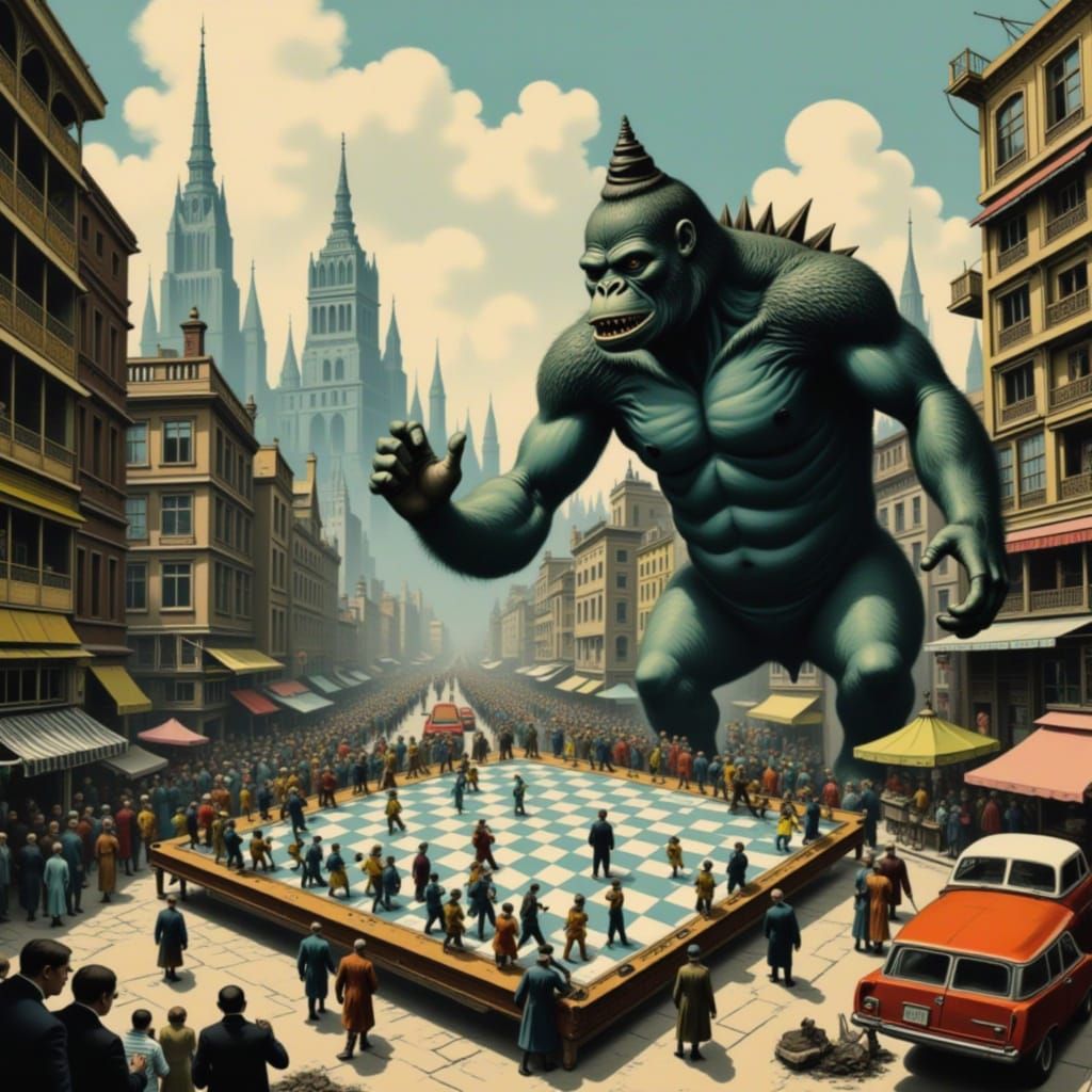 King Kong and Godzilla Chess Game in Dystopian City