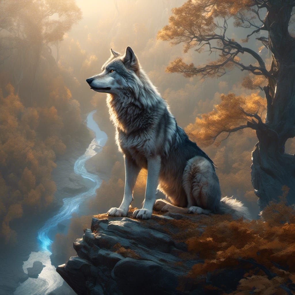 Gray She-Wolf Overlooking Forest Territory in Fantasy Art