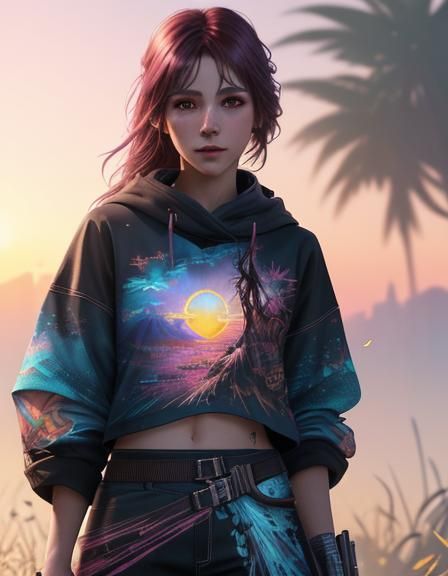 Lively Girl in Summerscape Sunrise, Digital Art