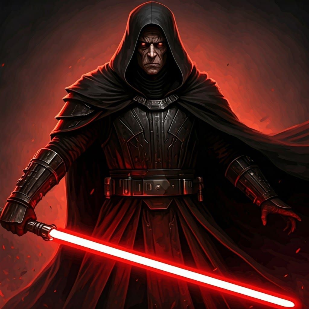 Sith Lord in Dark, Ornate Armor Wields Red-Bladed Lightsaber