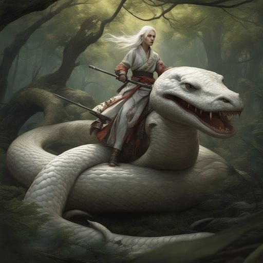 Samurai Rides Albino Snake in Dark Fantasy Forest
