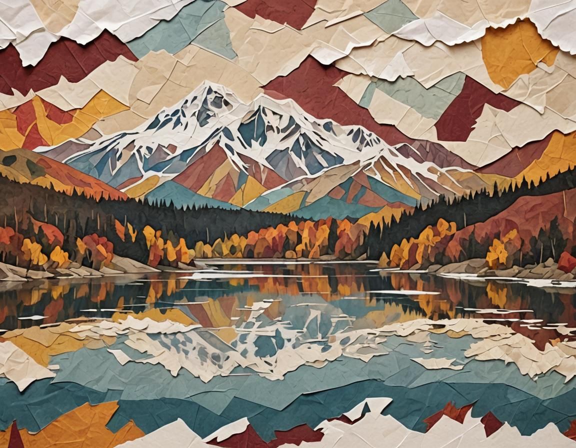 Abstract Mountain Lake Scene in Paper Collage