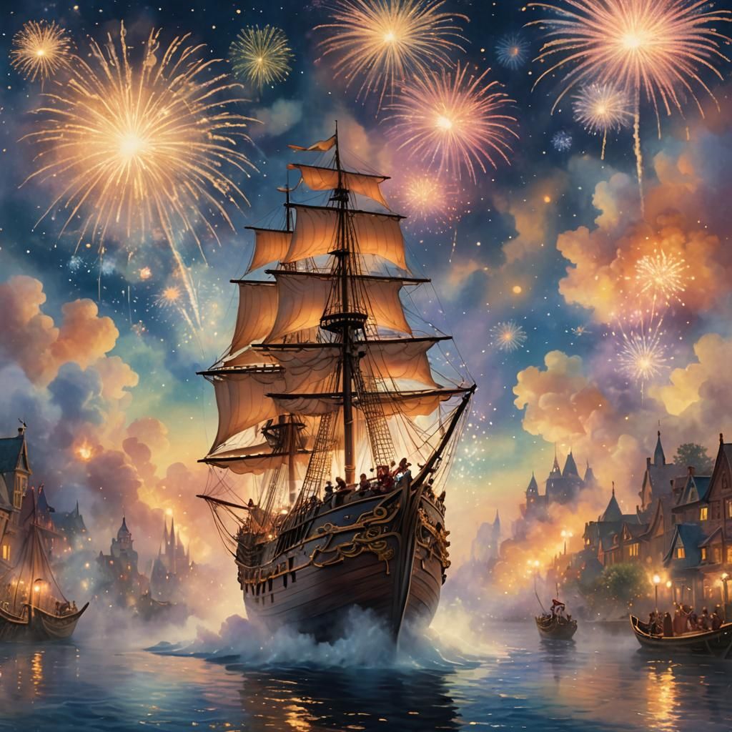 Ethereal Watercolor: Woman Watching Fireworks Display