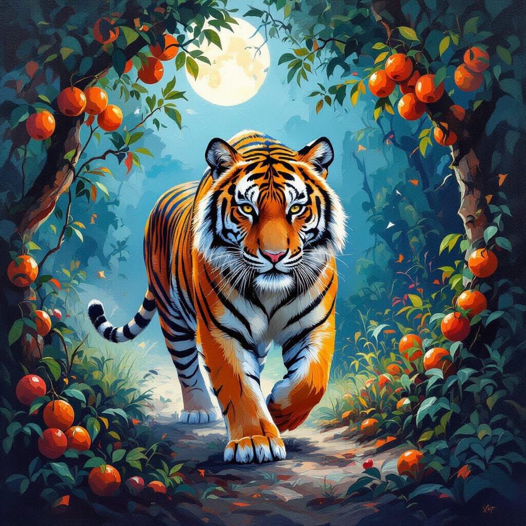 Vibrant Tiger in Moonlit Forest, Impasto Painting