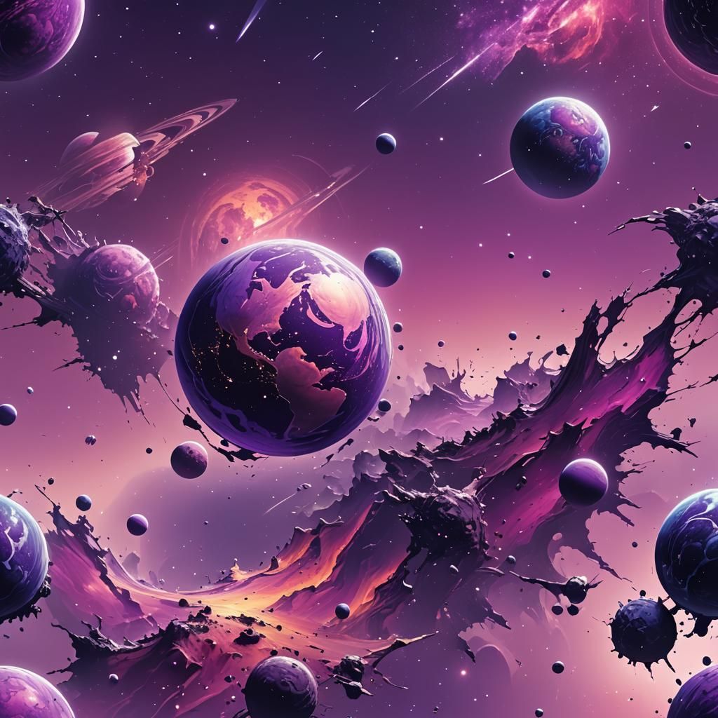 Violet Planet in Space, Vector Style Digital Art