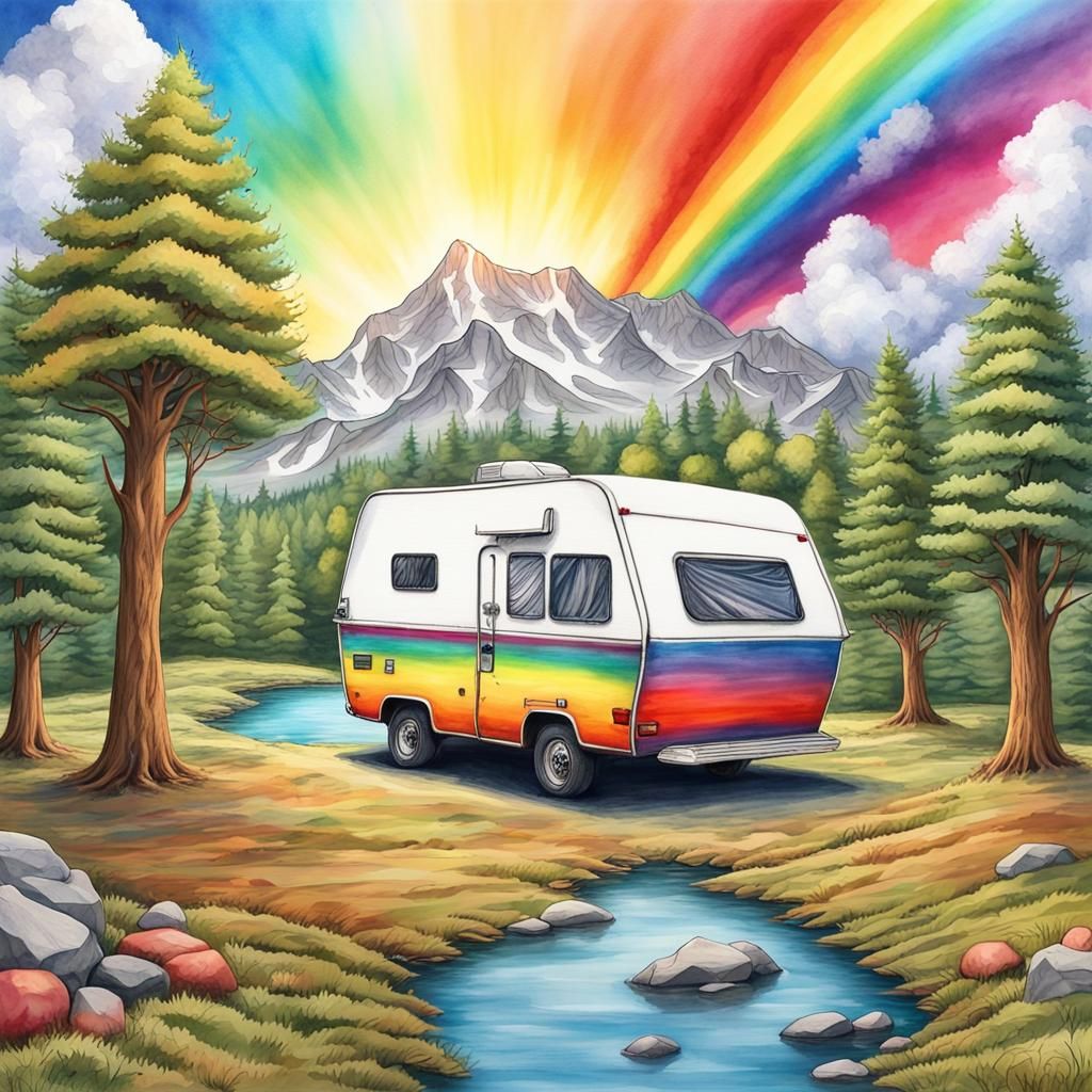 Psychedelic Camper Under Rainbow Sky: Watercolor Art