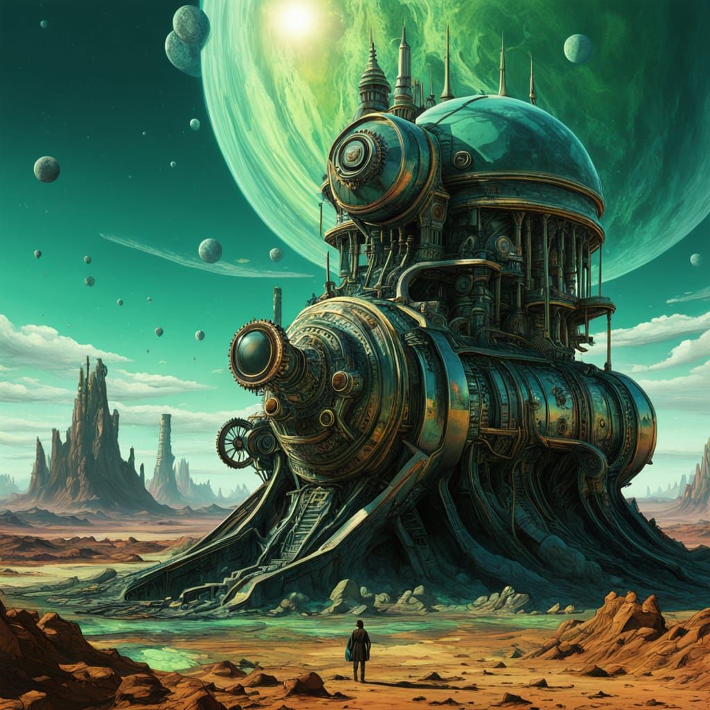 Steampunk Engine on Alien World in Surreal Style