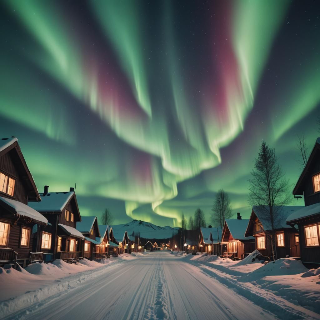 Dreamscape Village Street Under Northern Lights