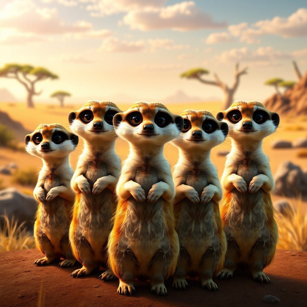 Whimsical Meerkats Stand Watch in Vibrant, Dreamlike Landsca...