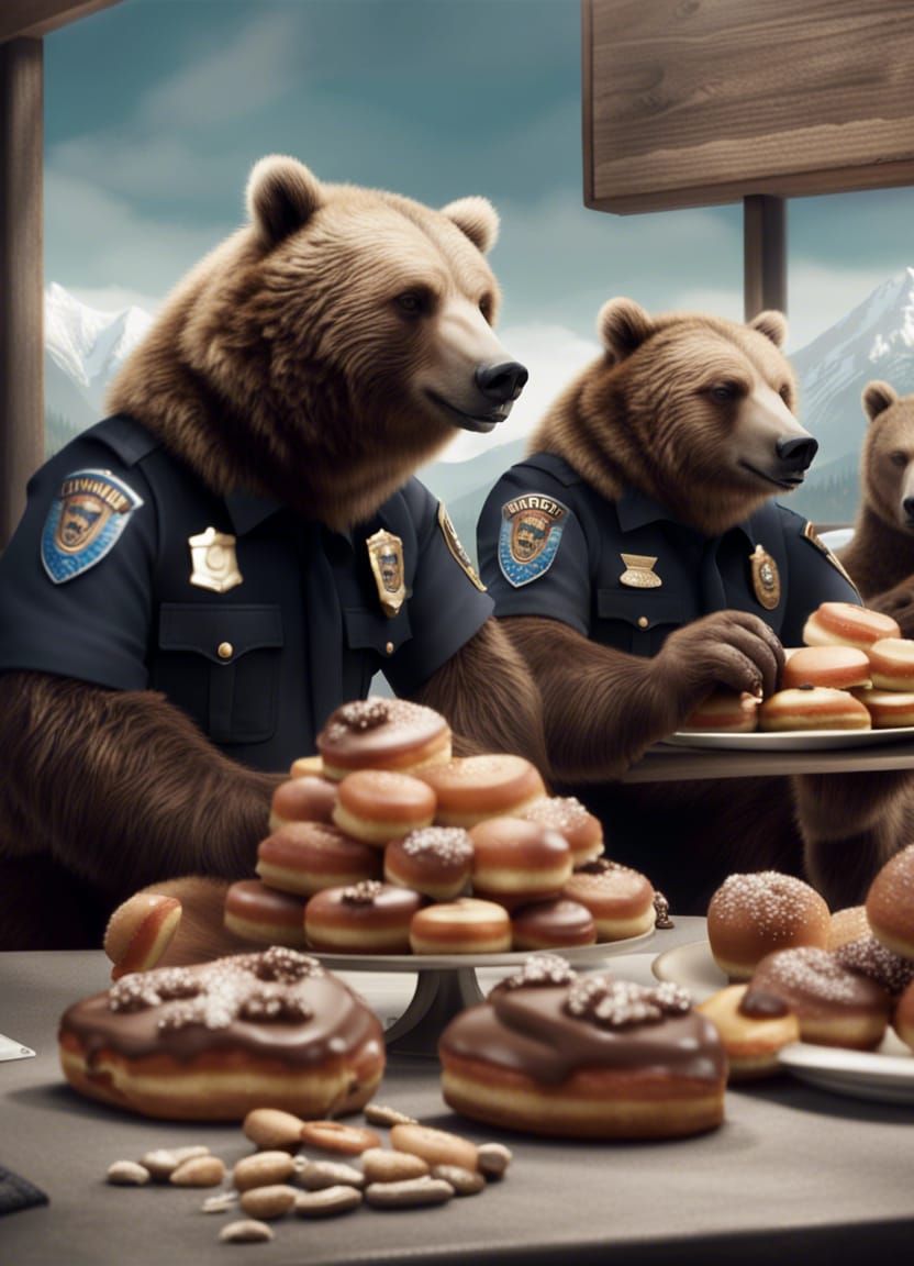 Grizzly Bear Police Officers Enjoying Donuts