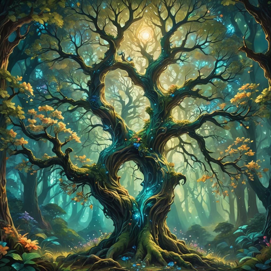 Mystical Tree with Ethereal Flowers in Lush Forest