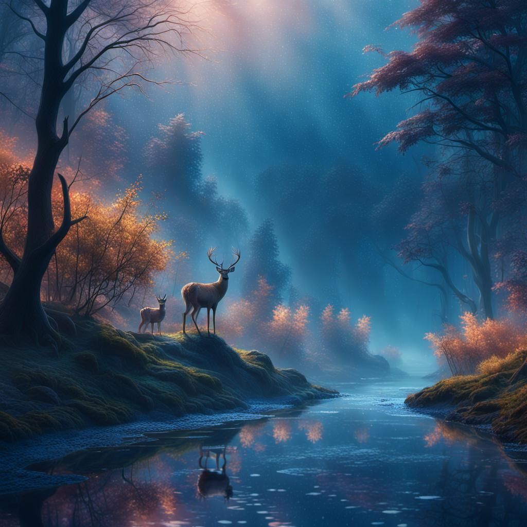 Deer in Misty Forest: Fantastical Matte Painting