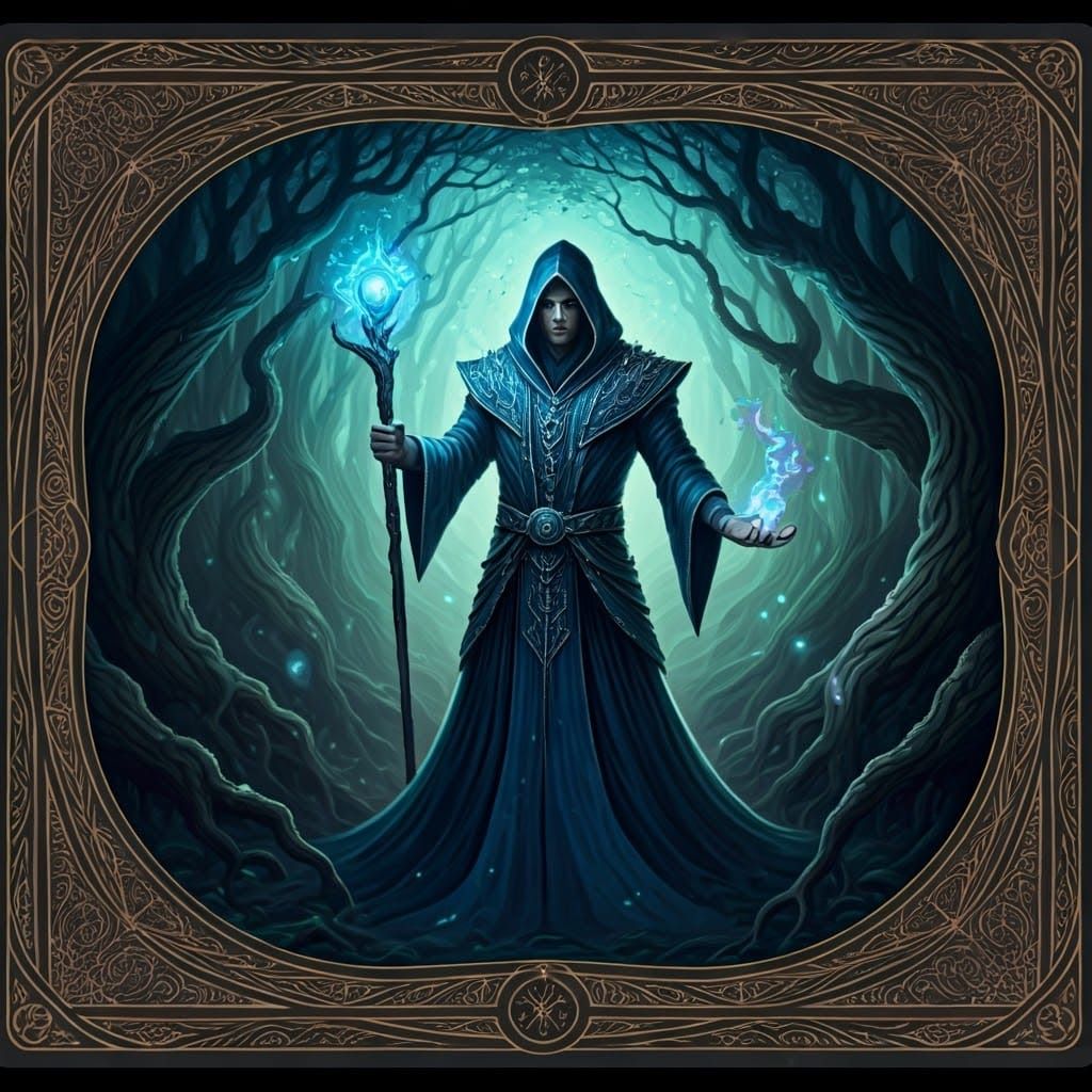Mystical Sorcerer in Enchanted Forest Digital Art