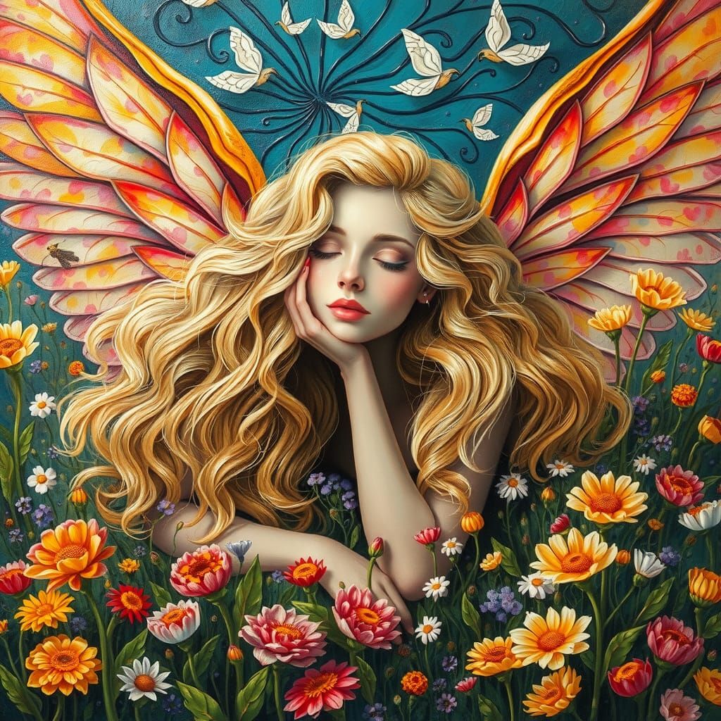 Whimsical Fairy in Wildflower Field, Impasto Oil Painting