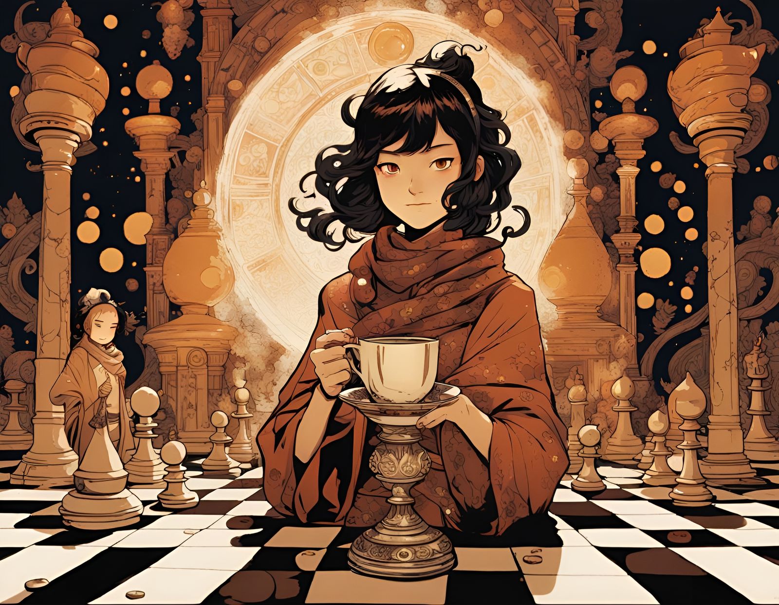 Dark Academia Girl with Tea and Chess in Anime Style