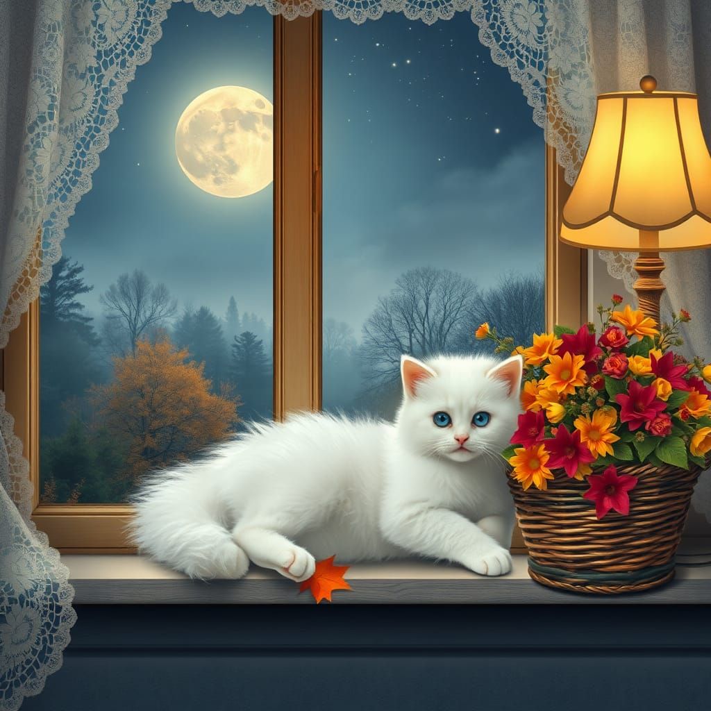 Whimsical Kitten with Fall Flowers: Watercolor Digital Art
