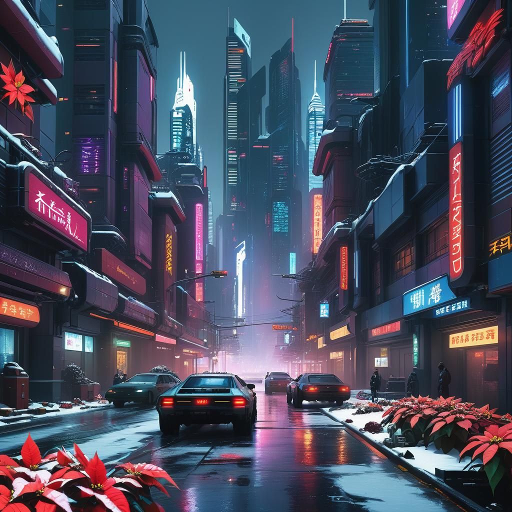 Cyberpunk Poinsettia Cityscape in Winter Wonderland