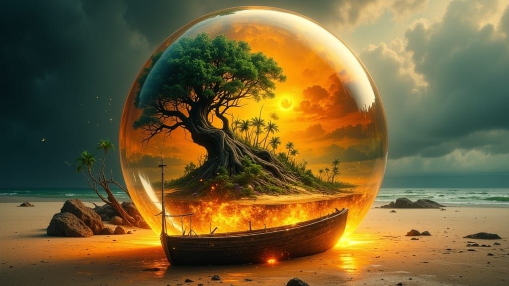 Giant Glowing Sphere Holds Fiery Jungle