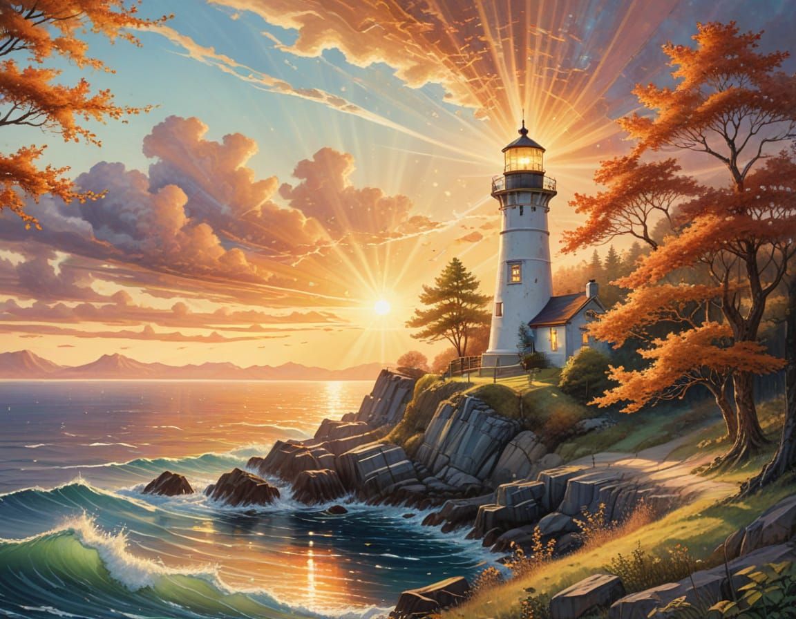 Stunning Watercolor Lighthouse in Golden Hour