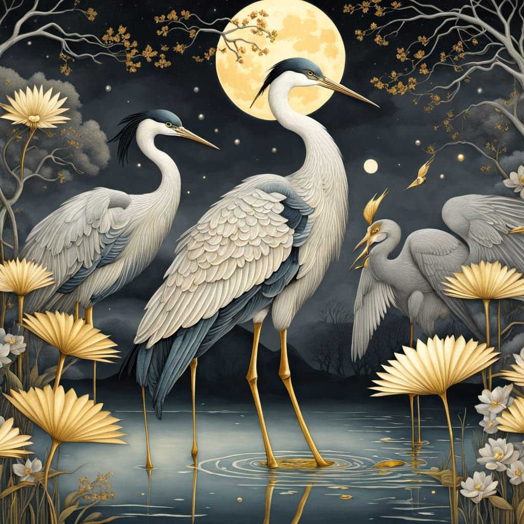 Fantasy Cranes and Herons in Art Deco Style