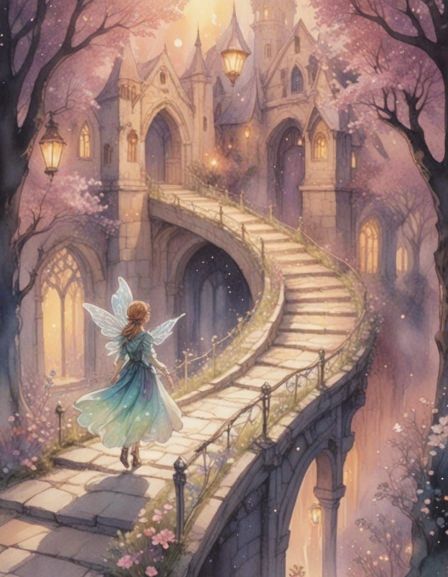 Whimsical Fairy Followed by Adventurer in Watercolor