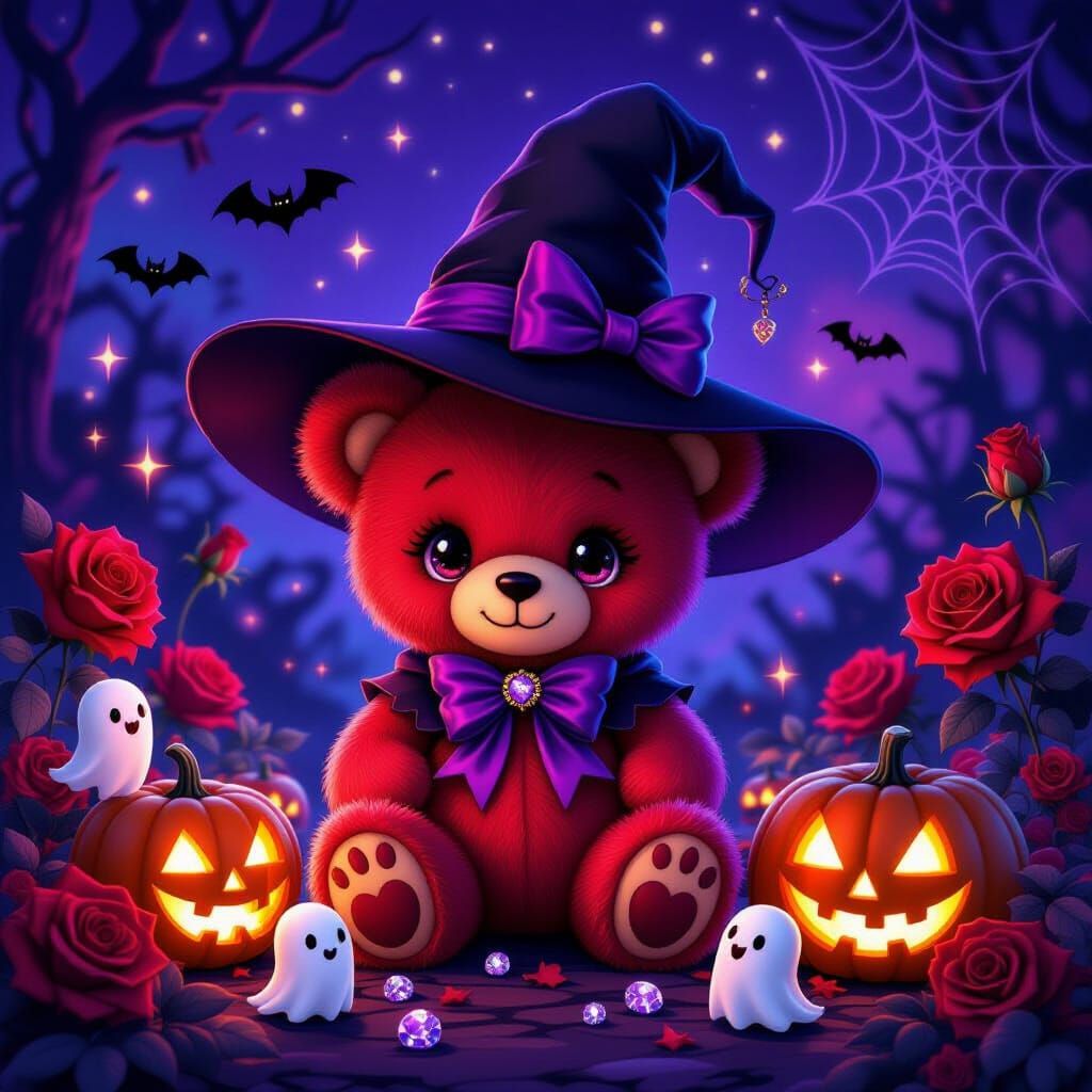 Kawaii Red Teddy Bear Witch Halloween Scene