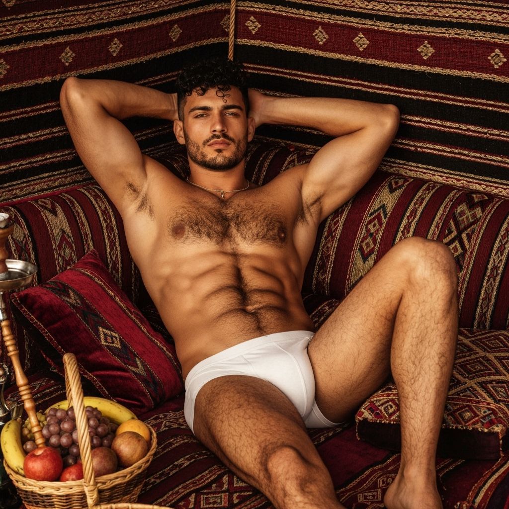 Athletic Middle Eastern Man Reclining in Ornate Tent
