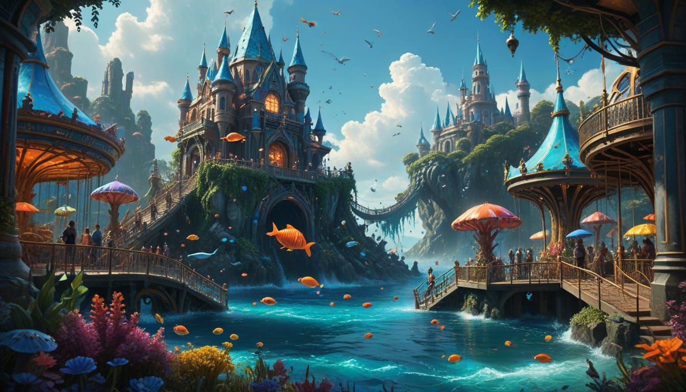 Underwater Amusement Park: Vibrant 3D Rendered Scene