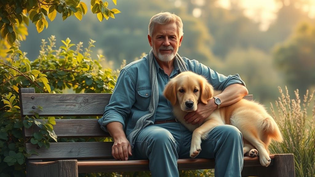 Man and Golden Retriever in Rockwell-esque Landscape