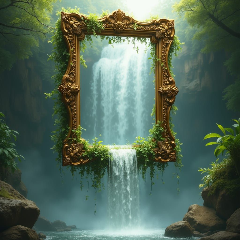 Gilded Frame Waterfall in Dreamlike Scene
