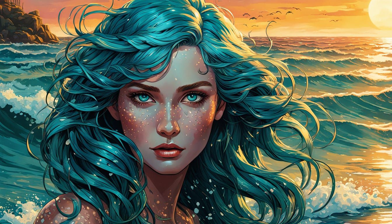Turquoise Siren Emerges from the Sea: Comic Book Art