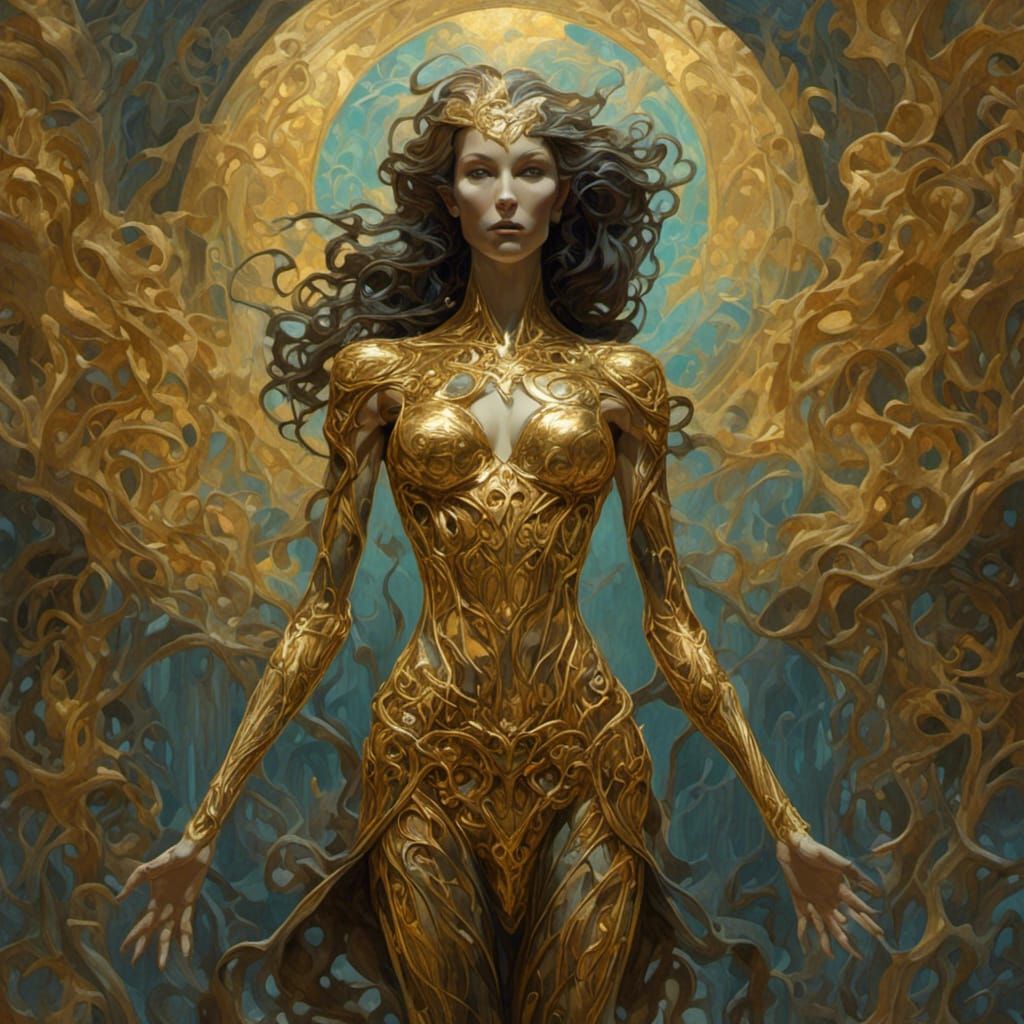 Golden Eldritch Woman in Psychedelic Art Style