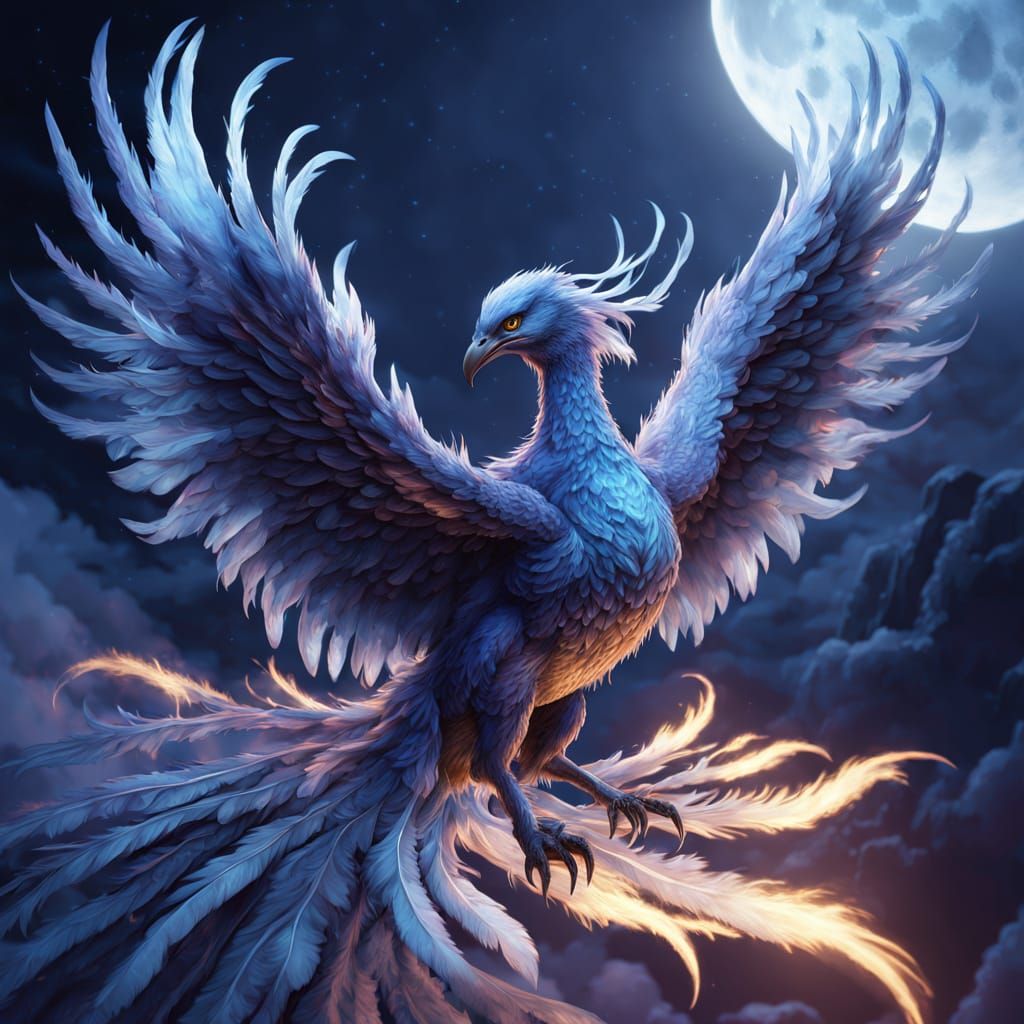 Majestic Phoenix with Icy Blue Flames Against a Full Moon