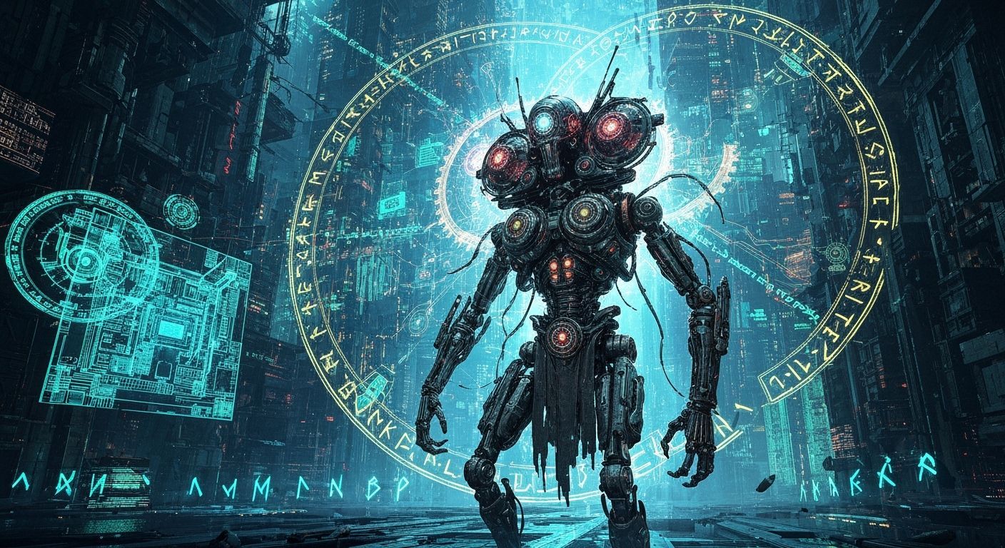 Arcane Automaton in Bioluminescent Cyberpunk City