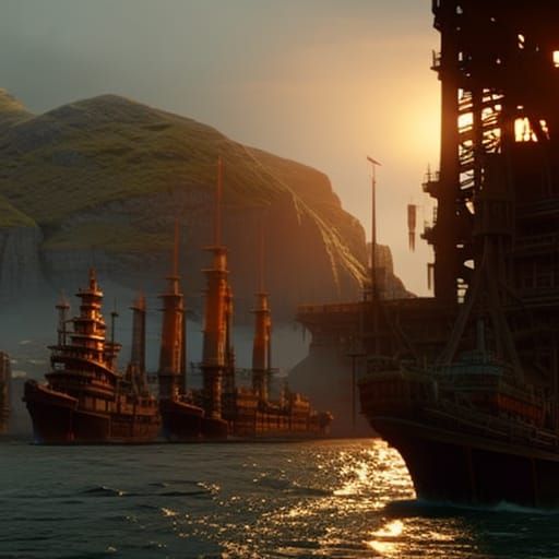 Shipyard and Castle at Sunset: Digital Matte Painting